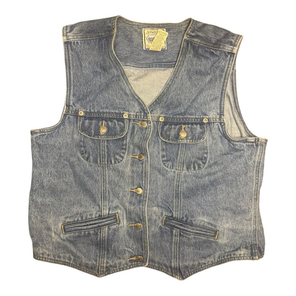 Vtg Denim Button Front Jean Vest Womens Size L Utility Boho Western Festival